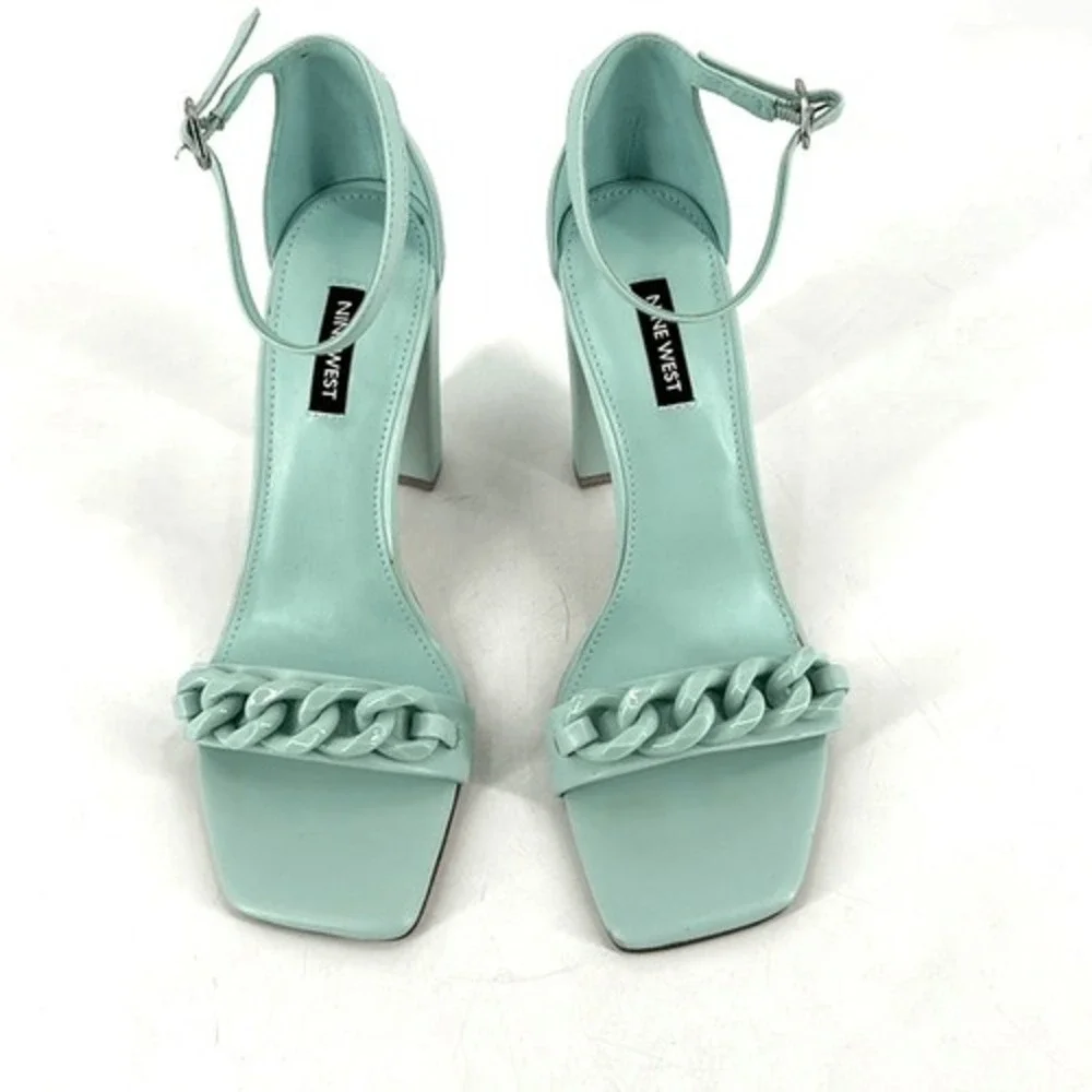 NWOT Nine West Womens Mindful Chain Square‎ Toe Heeled Sandals Mint Green Size 8 - Picture 2 of 12